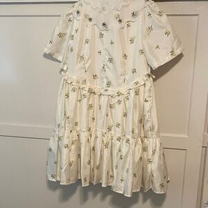 Sister Jane Cream Tiered Dress with Green Floral Embroidery